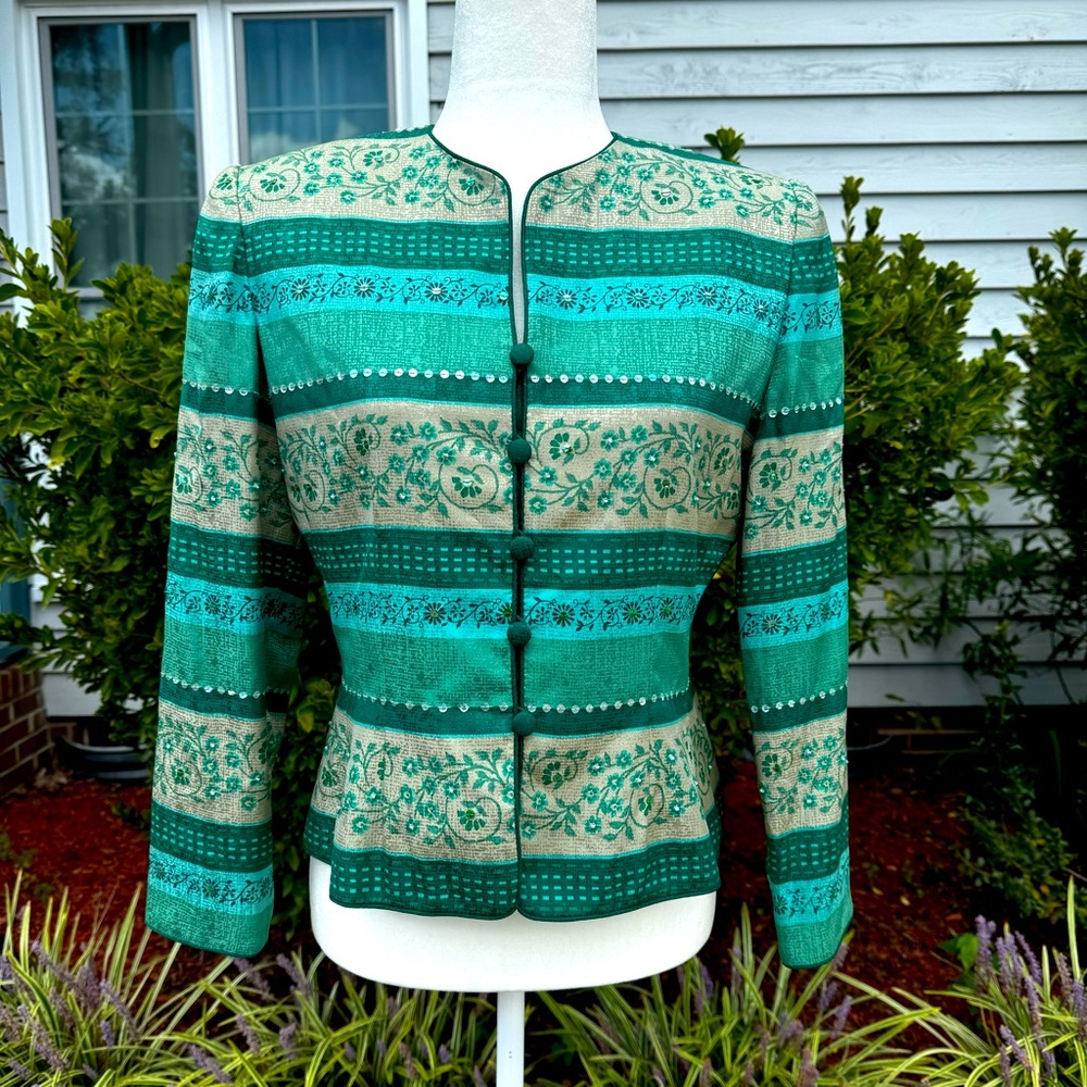 Vintage Adriana Papell Petites Silk Beaded Jacket‎ with Shoulder Pads Green 8P